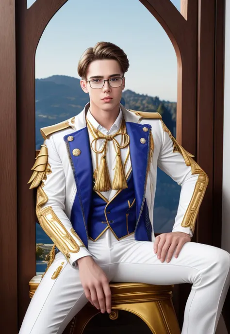 1boy, 16~20 years old, male focus, muscular male, nsfw, 3D, realistic, indoor, normal hue, central, golden ratio, sitting on the leather throne, sharp-featured body, tall, burly, highres, slender build, perfect anatomy, skin texture, thick dark buzzcut hair, see-through bangs, shallow eyebrow, symmetrical eyebrow, large bright eyes, symmetrical eyes, square gold-rimmed glasses, big straight nose, closed mouth, broad shoulders, noble attire, bdominal stretch, tight-fitting, stand-up collared shirt, golden tassel, vest, open white gold-trimmed leather jacket, golden shoulder armor, leather gloves, white trousers, leather belt, spreading long thin legs, <lora:OnlyCocks_v1.0:0.5>, large erect penis over 10 inches length and 3 inches width, erection, large scrotum with testicles, masturbation, high-heeled leather boots, soft smile, handsome, powerful, from front, looking ahead at viewer, day, masterpiece, best quality, hyper-detailed, intricate detail, professional photography, matte, bright, the most beautiful ever seen, post processing, dreamatic lighting, ambient lighting, epic composition, ultrawide shot, uplight, raytracing reflections, depth of field, gorgeous background <lora:6.GenshinImpactKamisatoAyato_v1.0:1>