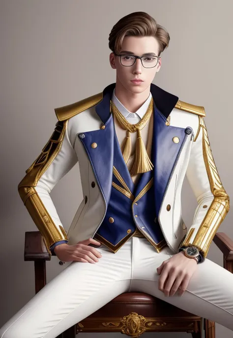 1boy, 16~20 years old, male focus, muscular male, nsfw, 3D, realistic, indoor, normal hue, central, golden ratio, sitting on the leather throne, sharp-featured body, tall, burly, highres, slender build, perfect anatomy, skin texture, thick dark buzzcut hair, see-through bangs, shallow eyebrow, symmetrical eyebrow, large bright eyes, symmetrical eyes, square gold-rimmed glasses, big straight nose, closed mouth, broad shoulders, noble attire, bdominal stretch, tight-fitting, stand-up collared shirt, golden tassel, vest, open white gold-trimmed leather jacket, golden shoulder armor, leather gloves, white trousers, leather belt, spreading long thin legs, <lora:OnlyCocks_v1.0:0.5>, large erect penis over 10 inches length and 3 inches width, erection, large scrotum with testicles, masturbation, high-heeled leather boots, soft smile, handsome, powerful, from front, looking ahead at viewer, day, masterpiece, best quality, hyper-detailed, intricate detail, professional photography, matte, bright, the most beautiful ever seen, post processing, dreamatic lighting, ambient lighting, epic composition, ultrawide shot, uplight, raytracing reflections, depth of field, gorgeous background <lora:6.GenshinImpactKamisatoAyato_v1.0:1>