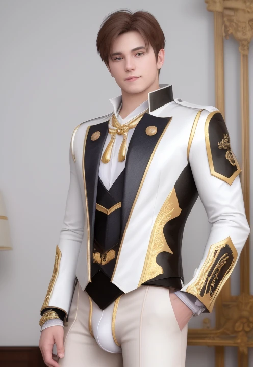 1boy, 16 ~ 20 years old, muscular male, male focus, nsfw, realistic, the golden ratio, full length portrait, symmetrical body, sharp-featured body, tall, burly, highres, slender build, perfect anatomy, shiny skin, skin texture, see-through bangs, buzzcut hair, dark hair, oblique fringe, large bright golden eyes, symmetrical eyes, ahoge, straight nose, roman nose, closed mouth, straight face with no moustachesharp, jawline, double-edged polearm, broad shoulders, large biceps, large pectorals, large areolae, large puffy nipples, normal length of an arm on one side and an arm on the other side, normal length of 5 fingers on one side and 5 fingers on the other side, thumb : index finger : middle finger : ring finger : little finger = 3.3 : 6.6 : 8.5 : 7: 3.3, wedding ring, making fists, nothing in hands, wide hips, aristocratic attire, bdominal stretch, slender waist, biceps implants under clothes, pectoral implants, six-pack implants, triceps, adjusting stand-up collared shirt, adjusting necktie, adjusting jacket, adjusting open leather clothes, adjusting golden leather armbands, adjusting sidelocks, adjusting detached leather sleeves, adjusting leather elbow gloves, double-edged polearm, outfit accessorized with pale yellow sash, golden tracery, gold trim, adjusting leather pants, absurdly large erect penis under clothes, absurdly large scrotum with testicles under clothes, absurdly large bulge, normal length of a thin leg on one side and a thin leg on the other side, acting natural, smiling, handsome, serious, stoic, powerful, toned, solemn, enigmatic nature, stoic exterior hinted by wise and contemplative gaze, noble demeanor, stern, warm, sharp wit, full of wisdom, cheerful grin, from front, looking ahead at viewer, masterpiece, best quality, hyper-detailed, intricate detail, ornate, gorgeous, appealing, unbuttoned, professional photography, realistic, 3D, smooth, sharp focus, matte, elegant, 8k resolution, the most beautiful image ever seen, technique highly detailed, dreamatic lighting, beautiful, post processing, diffuse, ambient lighting, epic composition, ultrawide shot, light effect, up colse portraits of, low angle, high angle, atmospheric, uplight, upscalsed, wallpaper, raytracing reflections, depth of field, gorgeous background, bedroom, lying on the sofa or on the bed <lora:kamisatoAyatoGenshinImpact_v10:1>