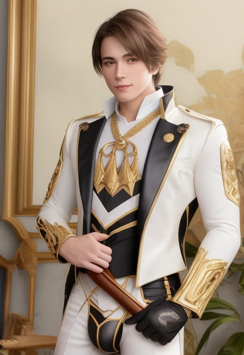 1boy, muscular male, mature male (18 ~ 20 years old), male focus, elitist and soulmate, Center Stage, the golden ratio, full body, symmetrical body, sharp-featured body, tall and burly, highres, slender build, athletic build, perfect anatomy, ponytail, shiny skin, skin texture, see-through bangs, buzzcut hair, oblique fringe, baby-faced, large bright golden eyes, symmetrical eyes, ahoge, straight nose, closed mouth, straight face with no moustachesharp, jawline, double-edged polearm, large biceps, large pectorals, large areolae, large puffy nipples, normal length of 5 fingers on one side and 5 fingers on the other side, making fists, holding on nothing, wide hips, leather:10, aristocratic noble clothing, bdominal stretch, aristocratic attire, adjusting stand-up collared shirt, adjusting necktie, adjusting jacket, adjusting open clothes, adjusting golden armbands, adjusting sidelocks, adjusting detached sleeves, adjusting elbow gloves, adjusting coat, double-edged polearm, outfit accessorized with a pale yellow sash, golden tracery, gold trim, adjusting pants, erect penis as large as possible under clothes without shade, scrotum with testicles as large as possible under clothes without shade, bulge, large bulge, handsome, serious, stoic, powerful, toned, solemn, enigmatic nature, stoic exterior hinted by wise and contemplative gaze, noble demeanor, stern, warm, sharp wit, full of wisdom, cheerful grin, from front, looking ahead at viewer, masterpiece, best quality, hyper-detailed, intricate detail, ornate, gorgeous, appealing, unbuttoned, professional photography, realistic, smooth, sharp focus, matte, elegant, 8k resolution, the most beautiful image ever seen, technique highly detailed, dreamatic lighting, beautiful, post processing, diffuse, ambient lighting, epic composition, ultrawide shot, light effect, up colse portraits of, low angle, high angle, atmospheric, uplight, upscalsed, wallpaper, raytracing reflections, depth of field, gorgeous background, villa, lying on the leather couch or on the leather bed, shy, nsfw, blush, kinky, smiling, innocent, well-behaved, manipulative, domineering, uncensored, body feast, fucking or being fucked, seamless connection to funny male underwear <lora:kamisatoAyatoGenshinImpact_v10:1>