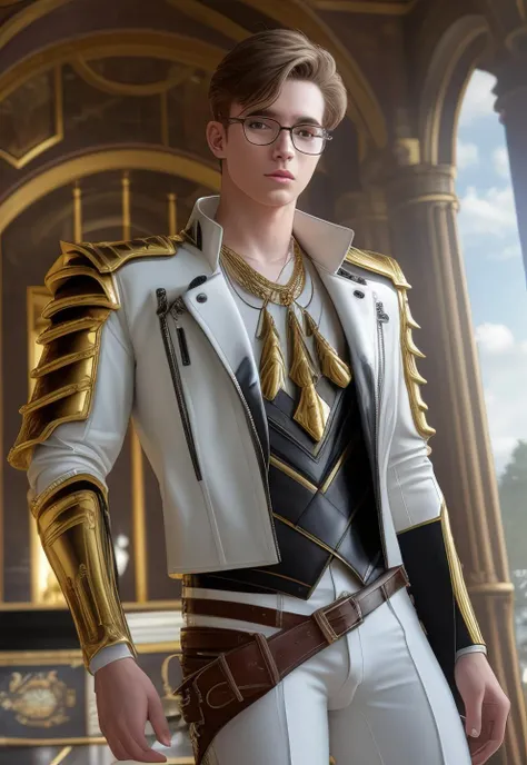 1boy, 16~20 years old, male focus, muscular male, nsfw, 3D, realistic, indoor, normal hue, central, golden ratio, sitting on the leather throne, sharp-featured body, tall, burly, highres, slender build, perfect anatomy, skin texture, thick dark buzzcut hair, see-through bangs, shallow eyebrow, symmetrical eyebrow, large bright eyes, symmetrical eyes, square gold-rimmed glasses, big straight nose, closed mouth, double-edged polearm, broad shoulders, noble attire, bdominal stretch, tight-fitting, leather collar, stand-up collared shirt, golden tassel, waistcoat, open white gold-trimmed leather jacket, golden shoulder armor, leather gloves, white trousers, leather belt, spreading long thin legs, <lora:OnlyCocks_v1.0:0.5>, large erect penis over 10 inches length and 3 inches width, erection, large scrotum with testicles, masturbation, high-heeled leather boots, soft smile, handsome, powerful, from front, looking ahead at viewer, day, masterpiece, best quality, hyper-detailed, intricate detail, professional photography, matte, bright, the most beautiful ever seen, post processing, dreamatic lighting, ambient lighting, epic composition, ultrawide shot, uplight, raytracing reflections, depth of field, gorgeous background <lora:9.0.GenshinImpactKamisatoAyato_v1.0:1>