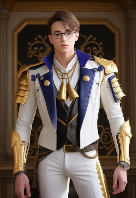 1boy, 16~20 years old, male focus, muscular male, nsfw, 3D, realistic, indoor, normal hue, central, golden ratio, sitting on the leather throne, sharp-featured body, tall, burly, highres, slender build, perfect anatomy, skin texture, thick dark buzzcut hair, see-through bangs, shallow eyebrow, symmetrical eyebrow, large bright eyes, symmetrical eyes, square gold-rimmed glasses, big straight nose, closed mouth, double-edged polearm, broad shoulders, noble attire, bdominal stretch, tight-fitting, leather collar, stand-up collared shirt, golden tassel, waistcoat, open white gold-trimmed leather jacket, golden shoulder armor, leather gloves, white trousers, leather belt, spreading long thin legs, <lora:OnlyCocks_v1.0:0.5>, large erect penis over 10 inches length and 3 inches width, erection, large scrotum with testicles, masturbation, high-heeled leather boots, soft smile, handsome, powerful, from front, looking ahead at viewer, day, masterpiece, best quality, hyper-detailed, intricate detail, professional photography, matte, bright, the most beautiful ever seen, post processing, dreamatic lighting, ambient lighting, epic composition, ultrawide shot, uplight, raytracing reflections, depth of field, gorgeous background <lora:9.0.GenshinImpactKamisatoAyato_v1.0:1>