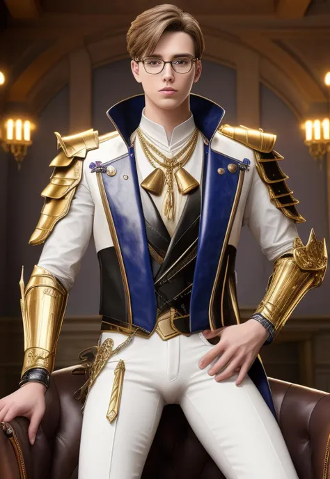 1boy, 16~20 years old, male focus, muscular male, nsfw, 3D, realistic, indoor, normal hue, central, golden ratio, sitting on the leather throne, sharp-featured body, tall, burly, highres, slender build, perfect anatomy, skin texture, thick dark buzzcut hair, see-through bangs, shallow eyebrow, symmetrical eyebrow, large bright eyes, symmetrical eyes, square gold-rimmed glasses, big straight nose, closed mouth, double-edged polearm, broad shoulders, noble attire, bdominal stretch, tight-fitting, leather collar, stand-up collared shirt, golden tassel, waistcoat, open white gold-trimmed leather jacket, golden shoulder armor, leather gloves, white trousers, leather belt, spreading long thin legs, <lora:OnlyCocks_v1.0:0.5>, large erect penis over 10 inches length and 3 inches width, erection, large scrotum with testicles, masturbation, high-heeled leather boots, soft smile, handsome, powerful, from front, looking ahead at viewer, day, masterpiece, best quality, hyper-detailed, intricate detail, professional photography, matte, bright, the most beautiful ever seen, post processing, dreamatic lighting, ambient lighting, epic composition, ultrawide shot, uplight, raytracing reflections, depth of field, gorgeous background <lora:9.0.GenshinImpactKamisatoAyato_v1.0:1>