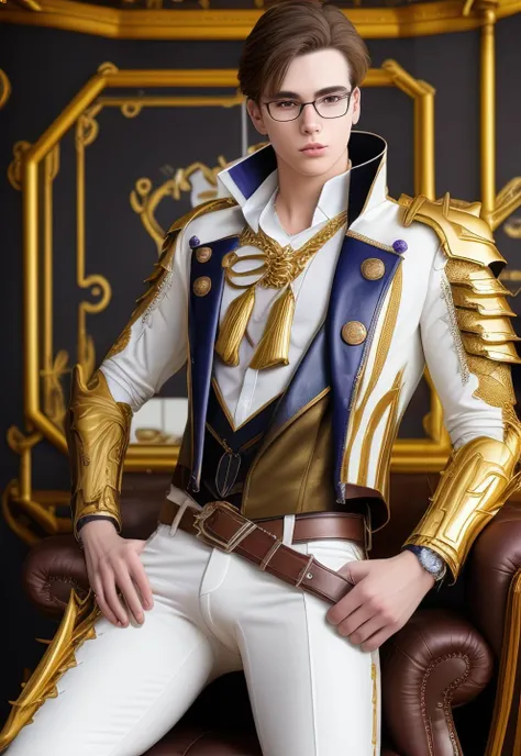 1boy, 16~20 years old, male focus, muscular male, nsfw, 3D, realistic, indoor, normal hue, central, golden ratio, sitting on the leather throne, sharp-featured body, tall, burly, highres, slender build, perfect anatomy, skin texture, thick dark buzzcut hair, see-through bangs, shallow eyebrow, symmetrical eyebrow, large bright eyes, symmetrical eyes, square gold-rimmed glasses, big straight nose, closed mouth, double-edged polearm, broad shoulders, noble attire, bdominal stretch, tight-fitting, leather collar, stand-up collared shirt, golden tassel, waistcoat, open white gold-trimmed leather jacket, golden shoulder armor, leather gloves, white trousers, leather belt, spreading long thin legs, <lora:OnlyCocks_v1.0:0.5>, large erect penis over 10 inches length and 3 inches width, erection, large scrotum with testicles, masturbation, high-heeled leather boots, soft smile, handsome, powerful, from front, looking ahead at viewer, day, masterpiece, best quality, hyper-detailed, intricate detail, professional photography, matte, bright, the most beautiful ever seen, post processing, dreamatic lighting, ambient lighting, epic composition, ultrawide shot, uplight, raytracing reflections, depth of field, gorgeous background <lora:9.0.GenshinImpactKamisatoAyato_v1.0:1>