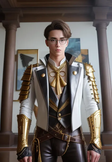 1boy, 16~20 years old, male focus, muscular male, nsfw, 3D, realistic, indoor, normal hue, central, golden ratio, sitting on the leather throne, sharp-featured body, tall, burly, highres, slender build, perfect anatomy, skin texture, thick dark buzzcut hair, see-through bangs, shallow eyebrow, symmetrical eyebrow, large bright eyes, symmetrical eyes, square gold-rimmed glasses, big straight nose, closed mouth, double-edged polearm, broad shoulders, noble attire, bdominal stretch, tight-fitting, leather collar, stand-up collared shirt, golden tassel, waistcoat, open white gold-trimmed leather jacket, golden shoulder armor, leather gloves, white trousers, leather belt, spreading long thin legs, <lora:OnlyCocks_v1.0:0.5>, large erect penis over 10 inches length and 3 inches width, erection, large scrotum with testicles, masturbation, high-heeled leather boots, soft smile, handsome, powerful, from front, looking ahead at viewer, day, masterpiece, best quality, hyper-detailed, intricate detail, professional photography, matte, bright, the most beautiful ever seen, post processing, dreamatic lighting, ambient lighting, epic composition, ultrawide shot, uplight, raytracing reflections, depth of field, gorgeous background <lora:9.0.GenshinImpactKamisatoAyato_v1.0:1>