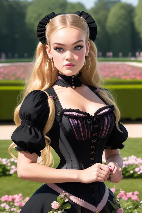 Masterpiece, best quality, ultra high res, dakotaskyev2, (face focus:1.2), (photorealistic:1.4) , fit, tiny waist, smiling, blushing, pink cheeks, standing, model , corset, ( black victorian style dress, beautiful face, makeup:1.4), Chateau de Versailles, France, garden of versailles, flowers, modelshoot style, neutral expression