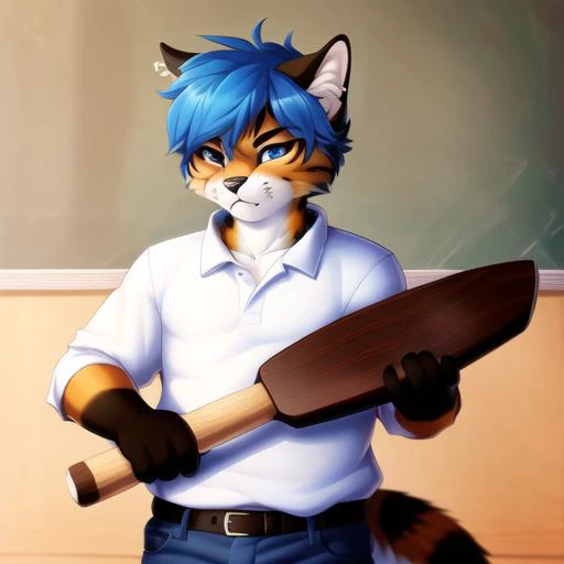 masterpiece, best quality, 1boy, male cat, thatsapaddlin, paddlin, hold_wood_paddle, <lora:thatsapaddlin:1>, detailed, details, short blue hair, uploaded to e621, looking at viewer, angry look, inside, school, blackboard, shirt, pants