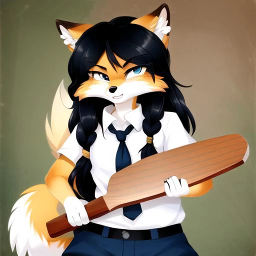 masterpiece, best quality, 1girl, female fox,, thatsapaddlin, paddlin, hold_wood_paddle, <lora:thatsapaddlin:1>, detailed, details, long black hair, uploaded to e621, looking at viewer, angry look, inside, school, blackboard, shirt, pants