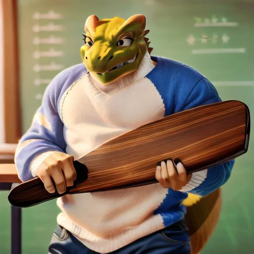 detailed, intricate details, masterpiece, best quality, thatsapaddlin, paddlin, hold_wood_paddle, inside, school, classroom,lizard ,  <lora:thatsapaddlin:1>, angry face