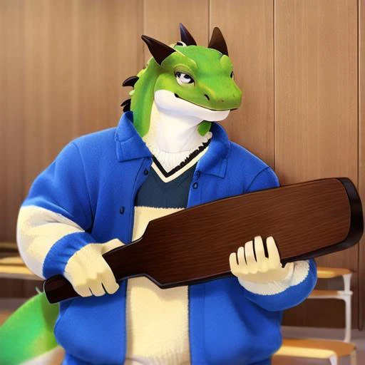 detailed, intricate details, masterpiece, best quality, thatsapaddlin, paddlin, hold_wood_paddle, inside, school, classroom,lizard ,  <lora:thatsapaddlin:1>, angry face