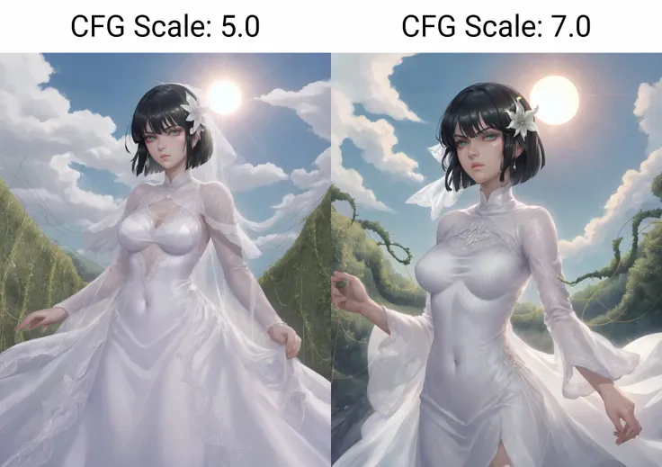 <lora:ANIME_OnePunch_fubuki:.8>, fubuki \(one-punch man\) wearing wedding dress, wearing a white wedding gown, bridal veil made of stars, green eyes, dark green-black hair in a bob cut, beautiful woman, translucent, shiny, ray tracing, reflective, high fidelity, shadows, sunlight, sun beams, dappled sunlight, (foliage, vines, hair flower:1.15), 64K, f1.2, 800mm, UHD, dynamic lighting, <lora:ANIME_STYLE_Mariyasustyle_floweryEtherial:.3>