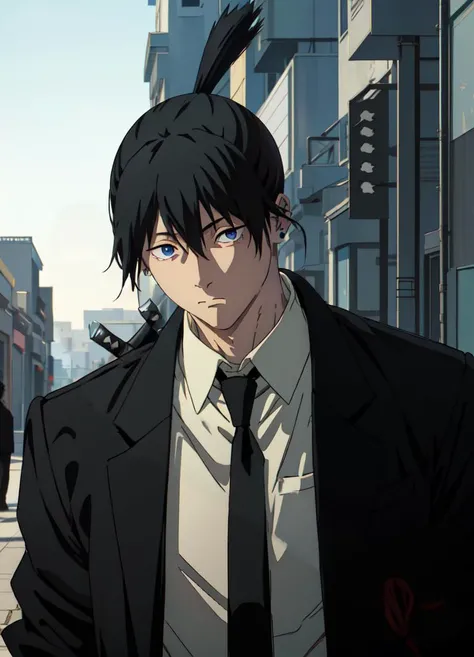csm anime style, 1boy, ((katana on back)), male focus, hayakawa aki, ((topknot)), expressionless, ((black hair:1.5)), looking_at_viewer, ((upper body)), (side eye), (((view from under))), solo, formal, jacket, collared shirt, black necktie, black pants, blue eyes, street, dynamic angle, ((bored:1.333)), ((masterpiece)), <lora:csm_hayakawa-14:1>, <lora:csm_anime_style_offset:1>