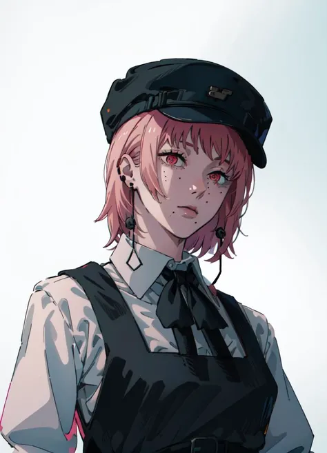 (masterpiece, best quality:1.2), csm anime style, simple background, white background, ((upper body)), solo, 1girl, fami \(chainsaw man\), pink hair, red eyes, jewelry, earrings, black hat, school uniform, pinafore dress, white shirt, neck ribbon, <lora:csm_fami-10:1>, <lora:csm_anime_style_offset:1>