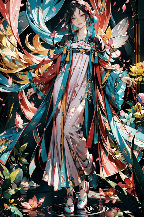 <(best quality, extremery best quality, masterpiece:1.5), (realistic, intricate details:1.2), (photorealistic:1.4), (extremely intricate:1.2), highres, ultra highres, ultra-detailed, absurdres, incredibly absurdres, extremely detailed, high quality, high resolution, hyperrealistic, ultra-realistic, hyper-detailed, top quality, best, fine detail, massive detail, Highly detailed, extreme detailed, highest detailed, high-res, absolutely resolution, reflection, (refraction:1.4)>, BREAK, 1girl, solo, looking at viewer, flat bangs, (young cute beautiful 18-year-old girl:1.1), 3d face, beautiful girl, Beautiful face, pretty, girlface, kpop idol, supermodel, stunning innocent symmetry face, (hand of Guido Daniele), perfect body, medium breast, slim waist, slim legs, (high detailed skin:1.2), glowing eyes, goddess, natural skin texture, shiny skin, White skin, Beautiful detailed face, detailed face, real skin texture, cute delicate face, finely detailed face, golden ratio, golden ratio face, expressive eyes, perfect face, perfect skin, flawless face, clear face, shiny hair, pale skin, Proper body proportion, perfect anatomy, realistic skin texture, luscious lips, glossy lips, natural makeup, beautiful bright pupils, slender figure, intricate eyes, detailed pupils, detailed face and eyes, longeyelashes, blush, good hand, perfect hands, pretty face, beautiful female bodies, finely detailed skin, oily shiny skin, BREAK, (((((golden hour, Sakura tree background, petals falling, dawn light, cobblestone pathway, building pavilion, chinese buildings, moutains, misty lake, ancient chinese background, puddle, after the rain, wet grass and trees, (sky overcast with a rainbow), (sunlight reflection), flower sea, in a meadow, (waterfall:1.2), ((breeze)), flying splashes, flying petals, leaves, nature, river, (forest), (bloom), bloom effect, detailed beautiful grassland with petal, flower, butterfly, petal, (((surrounded by heavy floating petal flow))), flowers, (black hair:1.3), (hanfu), (chinese clothes), ((floral print)), ((green/blue/yellow/pink/white/blackmagnificent print long sleeves)), ((pink/white/black/green/blue/yellow print see-through dress)), red lips, (chinese style countryard), (pond), (fullbody:1.3), (Luminescent Particles:1.4), (glow:1.1), beautiful sunset, wind, fog, (Pink hair:1.3), outdoors, (wavy hair), (long hair), (ahoge), (violet eyes), (golden accessories), (iridescent colors), watercolor, available light, detailed light, smile, volumetric fog, beautiful lighting, colorful refraction, Rembrandt lighting, Cinematic, pixel art, game art, key visual, surreal, PBR Texturing, Anisotropic Filtering, Maximum Clarity And Sharpness, Albedo And Specular Maps, Multi-Layered Textures, Surface Shading, Sub-Pixel Convolution, Sub-Pixel Convolution, Accurate Simulation Of Light-Material Interaction)))), BREAK, <blurry foreground, broad light, volumetric light effect, matte painting, perfectly defined features, volumetric lighting, Tone Mapping, Lumen Reflections, Global illumination, Ray Tracing, Screen Space Global Illumination, Accent Lighting, 32k, Natural Lighting, volumetric, cinematic masterpiece, Rule of thirds, high dynamic range, Multi-exposure HDR capture, cinematic render, game cg cinematic, atmospheric perspective, scene, epic dynamic frame, motion blur, ((cinematic look, Film look)), rim light, 4k textures, adobe lightroom, photolab, insane details, hyperdetailed, exposure blend, professional color grading, professional color correction, aerial perspective, particles and dust in beams of light, cinematic scene, dynamic lighting, sharp details, lomography, soft focus, light leaks, bold hues, atmospheric depth, (explosive light and shadow:1.2), aesthetics, intricate designs, ultra realistic digital art, (zentangle, mandala, tangle, entangle), (fractal art), elegant, vivid colours, floating particles, particles, dramatic, epic, (ink drawing, oil painting detailed), (dramatic lighting:1.2), (eye focus, face focus, character focus, close-up face:1.3), (dutch angle, cowboy shot:1.1), RAW, huge filesize, extremery detailed CG, Photo, 8k uhd, cinematic atmosphere, trending on artstation, award-winning glamour photograph, highly detailed photo, official art, beautiful and aesthetic, unity 8k wallpaper, beautiful, highly detailed CG illustration, best illustration, intricate, Amazing, emotional, analog, painting, digital painting, concept art, Oil Painting, illustration, Classical art, Renaissance, Romanticism, Neoclassicism, Color Palette, depth and contrast, Vibrant colors, saturated, rich saturation, color harmony, vivid palette, concept-art, design style, detail character, concept render, colorful, analog photography, dreamy atmosphere, specular highlights, atmospheric lighting, (dynamic angle, dynamic pose :1.3), (shiny, clothes reflecting light, lens flare, bloom effect, light particle, lens glare:1.3), realistic lighting, cinematic light, (cinematic lighting), light in the face, soft lighting, saturated colors, detailed background, sharp focus, 8k high definition, perspective, Master Composition, roughness, post-processing, soft shadows, realistic shadows, ambient occlusion, ray-tracing, subsurface scattering, photon mapping, physically-based rendering, octane rendering, unreal engine 5, ue5 rendering, Adobe After FX, dslr, RTX, Best character details, radiosity, sharp, antialiased, RAW photo, HDR, 8k, 4k, (((Photographed by Roger Deakins, using a RED Monstro 8K VV camera and a series of high-end lenses))), ((Hasselblad photography)), (film grain:1.4), Kodak portra 400, ((Fujifilm X-T5)), professional photograph, depth of field, caustics, Broad lighting, diffuse lighting, rim lighting, two tone lighting, textile details, visible pores, high resolution scan, professionally color graded, photographic reality, automatic white balance, best lighting, detailed shadow, high contrast, strong light and shadow>, (PureErosFace_V1:0.5), (ulzzang-6500:0.5), <lora:epiNoiseoffset_v3:0.15>, (kbxll:0.6), <lora:FilmVelvia2:0.15>, <lora:tang_hanfu:0.7>,