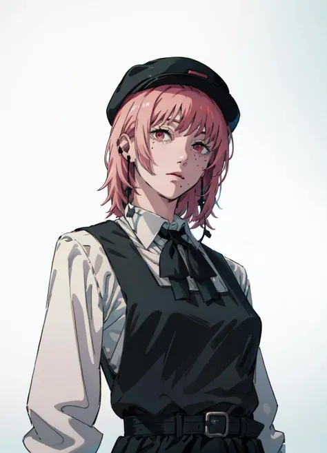 (masterpiece, best quality:1.2), csm anime style, simple background, white background, ((upper body)), solo, 1girl, fami \(chainsaw man\), pink hair, red eyes, jewelry, earrings, black hat, school uniform, pinafore dress, white shirt, neck ribbon, <lora:csm_fami-10:0.9>, <lora:csm_anime_style_offset:1>