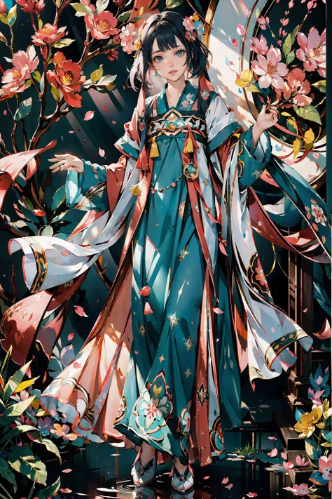 <(best quality, extremery best quality, masterpiece:1.5), (realistic, intricate details:1.2), (photorealistic:1.4), (extremely intricate:1.2), highres, ultra highres, ultra-detailed, absurdres, incredibly absurdres, extremely detailed, high quality, high resolution, hyperrealistic, ultra-realistic, hyper-detailed, top quality, best, fine detail, massive detail, Highly detailed, extreme detailed, highest detailed, high-res, absolutely resolution, reflection, (refraction:1.4)>, BREAK, 1girl, solo, looking at viewer, flat bangs, (young cute beautiful 18-year-old girl:1.1), 3d face, beautiful girl, Beautiful face, pretty, girlface, kpop idol, supermodel, stunning innocent symmetry face, (hand of Guido Daniele), perfect body, medium breast, slim waist, slim legs, (high detailed skin:1.2), glowing eyes, goddess, natural skin texture, shiny skin, White skin, Beautiful detailed face, detailed face, real skin texture, cute delicate face, finely detailed face, golden ratio, golden ratio face, expressive eyes, perfect face, perfect skin, flawless face, clear face, shiny hair, pale skin, Proper body proportion, perfect anatomy, realistic skin texture, luscious lips, glossy lips, natural makeup, beautiful bright pupils, slender figure, intricate eyes, detailed pupils, detailed face and eyes, longeyelashes, blush, good hand, perfect hands, pretty face, beautiful female bodies, finely detailed skin, oily shiny skin, BREAK, (((((golden hour, Sakura tree background, petals falling, dawn light, cobblestone pathway, building pavilion, chinese buildings, moutains, misty lake, ancient chinese background, puddle, after the rain, wet grass and trees, (sky overcast with a rainbow), (sunlight reflection), flower sea, in a meadow, (waterfall:1.2), ((breeze)), flying splashes, flying petals, leaves, nature, river, (forest), (bloom), bloom effect, detailed beautiful grassland with petal, flower, butterfly, petal, (((surrounded by heavy floating petal flow))), flowers, (black hair:1.3), (hanfu), (chinese clothes), ((floral print)), ((green/blue/yellow/pink/white/blackmagnificent print long sleeves)), ((pink/white/black/green/blue/yellow print see-through dress)), red lips, (chinese style countryard), (pond), (fullbody:1.3), (Luminescent Particles:1.4), (glow:1.1), beautiful sunset, wind, fog, (Pink hair:1.3), outdoors, (wavy hair), (long hair), (ahoge), (violet eyes), (golden accessories), (iridescent colors), watercolor, available light, detailed light, smile, volumetric fog, beautiful lighting, colorful refraction, Rembrandt lighting, Cinematic, pixel art, game art, key visual, surreal, PBR Texturing, Anisotropic Filtering, Maximum Clarity And Sharpness, Albedo And Specular Maps, Multi-Layered Textures, Surface Shading, Sub-Pixel Convolution, Sub-Pixel Convolution, Accurate Simulation Of Light-Material Interaction)))), BREAK, <blurry foreground, broad light, volumetric light effect, matte painting, perfectly defined features, volumetric lighting, Tone Mapping, Lumen Reflections, Global illumination, Ray Tracing, Screen Space Global Illumination, Accent Lighting, 32k, Natural Lighting, volumetric, cinematic masterpiece, Rule of thirds, high dynamic range, Multi-exposure HDR capture, cinematic render, game cg cinematic, atmospheric perspective, scene, epic dynamic frame, motion blur, ((cinematic look, Film look)), rim light, 4k textures, adobe lightroom, photolab, insane details, hyperdetailed, exposure blend, professional color grading, professional color correction, aerial perspective, particles and dust in beams of light, cinematic scene, dynamic lighting, sharp details, lomography, soft focus, light leaks, bold hues, atmospheric depth, (explosive light and shadow:1.2), aesthetics, intricate designs, ultra realistic digital art, (zentangle, mandala, tangle, entangle), (fractal art), elegant, vivid colours, floating particles, particles, dramatic, epic, (ink drawing, oil painting detailed), (dramatic lighting:1.2), (eye focus, face focus, character focus, close-up face:1.3), (dutch angle, cowboy shot:1.1), RAW, huge filesize, extremery detailed CG, Photo, 8k uhd, cinematic atmosphere, trending on artstation, award-winning glamour photograph, highly detailed photo, official art, beautiful and aesthetic, unity 8k wallpaper, beautiful, highly detailed CG illustration, best illustration, intricate, Amazing, emotional, analog, painting, digital painting, concept art, Oil Painting, illustration, Classical art, Renaissance, Romanticism, Neoclassicism, Color Palette, depth and contrast, Vibrant colors, saturated, rich saturation, color harmony, vivid palette, concept-art, design style, detail character, concept render, colorful, analog photography, dreamy atmosphere, specular highlights, atmospheric lighting, (dynamic angle, dynamic pose :1.3), (shiny, clothes reflecting light, lens flare, bloom effect, light particle, lens glare:1.3), realistic lighting, cinematic light, (cinematic lighting), light in the face, soft lighting, saturated colors, detailed background, sharp focus, 8k high definition, perspective, Master Composition, roughness, post-processing, soft shadows, realistic shadows, ambient occlusion, ray-tracing, subsurface scattering, photon mapping, physically-based rendering, octane rendering, unreal engine 5, ue5 rendering, Adobe After FX, dslr, RTX, Best character details, radiosity, sharp, antialiased, RAW photo, HDR, 8k, 4k, (((Photographed by Roger Deakins, using a RED Monstro 8K VV camera and a series of high-end lenses))), ((Hasselblad photography)), (film grain:1.4), Kodak portra 400, ((Fujifilm X-T5)), professional photograph, depth of field, caustics, Broad lighting, diffuse lighting, rim lighting, two tone lighting, textile details, visible pores, high resolution scan, professionally color graded, photographic reality, automatic white balance, best lighting, detailed shadow, high contrast, strong light and shadow>, (PureErosFace_V1:0.5), (ulzzang-6500:0.5), <lora:epiNoiseoffset_v3:0.15>, (kbxll:0.6), <lora:FilmVelvia2:0.15>, <lora:tang_hanfu:0.7>,