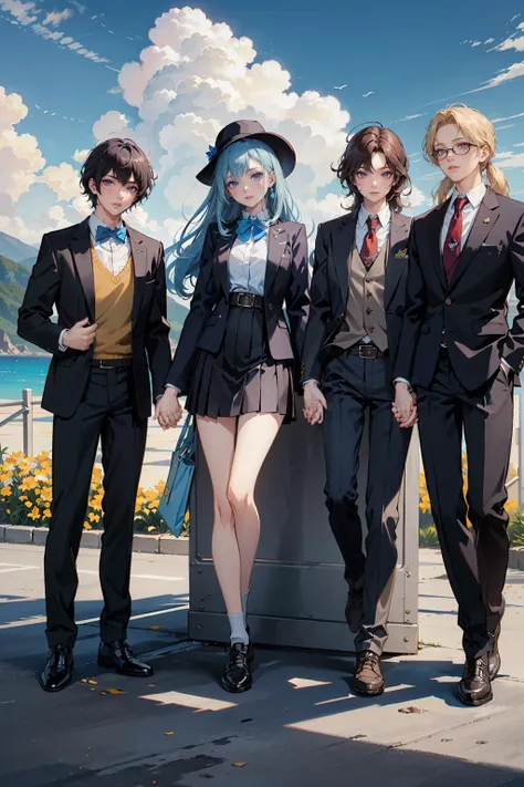 3girls, 4boys, belt, black_footwear, black_hair, black_jacket, black_skirt, blazer, blonde_hair, blue_eyes, blue_hair, blue_sky, bodysuit, bow, bowtie, breasts, brown_hair, building, closed_eyes, closed_mouth, clothes_around_waist, cloud, cloudy_sky, condensation_trail, day, dress, formal, glasses, grey_pants, hand_on_hip, hat, holding_gun, holding_hands, horizon, jacket, loafers, long_hair, long_sleeves, looking_at_viewer, mecha, mountain, mountainous_horizon, multiple_boys, multiple_girls, necktie, ocean, outdoors, pants, pleated_skirt, purple_hair, purple_jacket, red_eyes, red_hair, red_neckwear, school_uniform, shinjou_akane, shiny_hair, shirt, shoes, short_hair, sitting, skirt, sky, smile, sneakers, standing, sweater, takarada_rikka, twintails, white_shirt, yellow_dress, fluorescent colors