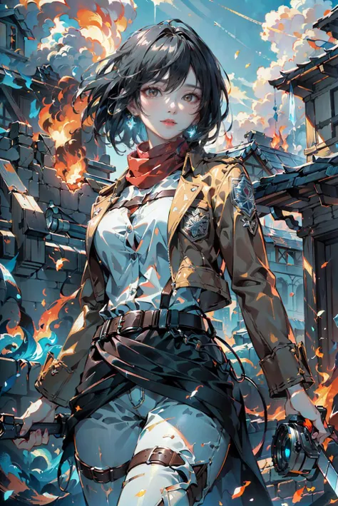 <(best quality, extremery best quality, masterpiece:1.4), (realistic, intricate details:1.4), (photorealistic:1.4), (extremely intricate:1.4), highres, ultra highres, ultra-detailed, absurdres, incredibly absurdres, extremely detailed, high quality, high resolution, hyperrealistic, ultra-realistic, hyper-detailed, top quality, best, fine detail, massive detail, Highly detailed, extreme detailed, highest detailed, high-res, absolutely resolution, reflection, (refraction:1.4), (hyperrealism:1.4)>, BREAK, 1girl, solo, looking at viewer, (young cute beautiful 18-year-old girl:1.4), 3d face, beautiful girl, Beautiful face, pretty, girlface, kpop idol, supermodel, stunning innocent symmetry face, perfect body, medium breast, slim waist, slim legs, (high detailed skin:1.4), glowing eyes, goddess, natural skin texture, shiny skin, White skin, Beautiful detailed face, detailed face, real skin texture, cute delicate face, finely detailed face, golden ratio, golden ratio face, expressive eyes, perfect face, perfect skin, flawless face, clear face, shiny hair, pale skin, Proper body proportion, perfect anatomy, realistic skin texture, luscious lips, glossy lips, natural makeup, beautiful bright pupils, slender figure, intricate eyes, detailed pupils, detailed face and eyes, longeyelashes, blush, good hand, perfect hands, pretty face, beautiful female bodies, finely detailed skin, oily shiny skin, BREAK, (((((Attack on Titan, (brown jacket, emblem, white shirt, white pants:1.5), (hmmikasa, short hair, black eyes, scarf, belt, thigh strap, red scarf, long sleeves:1.4), (holding weapon, sword, dual wielding, three-dimensional maneuver gear, fighting stance, sky:1.4), (battle, adventurous look:1.3), (blush, fantasy, scenery, plants, open mouth:1.2), (highly detailed worn metal texture:1.2), (floating colorful sparkles, light is shining, dust is drifting, floating catkins, fog, wind:1.2), (rust, dirt, dust, scratches, abrasions on the metal texture:1.2), (fly:1.4), (Luminescent Particles:1.3), (Old City of Dubrovnik, Avila, Historic Fortified City of Carcassonne, Noerdlingen,Ancient castle, Romanesque architectural style, Gothic architectural style, Renaissance architectural style, Baroque architectural style, Half-timbered house, Medieval castles, Romanesque forts, Gothic walls, Tudor style architecture, British style architecture, medieval village setting:1.3), (50m high city wall:1.5), (city surrounded by walls, ember, battlefield, grey mist, smoke, explosion, apocalyptic, destroyed city background, buildings on fire:1.4), (fullbody:1.2), (eye focus, face focus, character focus, close-up face:1.2), (dutch angle, cowboy shot:1.3), (hand of Guido Daniele:1.4), flat bangs, colorful refraction)))), BREAK, <watercolor, available light, detailed light, volumetric fog, beautiful lighting, Rembrandt lighting, Cinematic, pixel art, game art, key visual, surreal, PBR Texturing, Anisotropic Filtering, Maximum Clarity And Sharpness, Albedo And Specular Maps, Multi-Layered Textures, Surface Shading, Sub-Pixel Convolution, Sub-Pixel Convolution, Accurate Simulation Of Light-Material Interaction, blurry foreground, broad light, volumetric light effect, matte painting, perfectly defined features, volumetric lighting, Tone Mapping, Lumen Reflections, Global illumination, Ray Tracing, Screen Space Global Illumination, Accent Lighting, 32k, Natural Lighting, volumetric, cinematic masterpiece, Rule of thirds, high dynamic range, Multi-exposure HDR capture, cinematic render, game cg cinematic, atmospheric perspective, scene, epic dynamic frame, motion blur, ((cinematic look, Film look)), rim light, 4k textures, adobe lightroom, photolab, insane details, hyperdetailed, exposure blend, professional color grading, professional color correction, aerial perspective, particles and dust in beams of light, cinematic scene, dynamic lighting, sharp details, lomography, soft focus, light leaks, bold hues, atmospheric depth, (explosive light and shadow:1.2), aesthetics, intricate designs, ultra realistic digital art, (zentangle, mandala, tangle, entangle), (fractal art), elegant, vivid colours, floating particles, particles, dramatic, epic, (ink drawing, oil painting detailed), (dramatic lighting:1.2), RAW, huge filesize, extremery detailed CG, Photo, 8k uhd, cinematic atmosphere, trending on artstation, award-winning glamour photograph, highly detailed photo, official art, beautiful and aesthetic, unity 8k wallpaper, beautiful, highly detailed CG illustration, best illustration, intricate, Amazing, emotional, analog, painting, digital painting, concept art, Oil Painting, illustration, Classical art, Renaissance, Romanticism, Neoclassicism, Color Palette, depth and contrast, Vibrant colors, saturated, rich saturation, color harmony, vivid palette, concept-art, design style, detail character, concept render, colorful, analog photography, dreamy atmosphere, specular highlights, atmospheric lighting, (dynamic angle, dynamic pose :1.3), (shiny, clothes reflecting light, lens flare, bloom effect, light particle, lens glare:1.3), realistic lighting, cinematic light, (cinematic lighting), light in the face, soft lighting, saturated colors, detailed background, sharp focus, 8k high definition, perspective, Master Composition, roughness, post-processing, soft shadows, realistic shadows, ambient occlusion, ray-tracing, subsurface scattering, photon mapping, physically-based rendering, octane rendering, unreal engine 5, ue5 rendering, Adobe After FX, dslr, RTX, Best character details, radiosity, sharp, antialiased, RAW photo, HDR, 8k, 4k, (((Photographed by Roger Deakins, using a RED Monstro 8K VV camera and a series of high-end lenses))), ((Hasselblad photography)), (film grain:1.4), Kodak portra 400, ((Fujifilm X-T5)), professional photograph, depth of field, caustics, Broad lighting, diffuse lighting, rim lighting, two tone lighting, textile details, visible pores, high resolution scan, professionally color graded, photographic reality, automatic white balance, best lighting, detailed shadow, high contrast, strong light and shadow>, (PureErosFace_V1:0.4), (ulzzang-6500:0.6), <lora:epiNoiseoffset_v3:0.05>, <lora:FilmVelvia2:0.05>, <lora:add_detail:0.2>, <lora:mikasa_ackerman_v1:0.7>