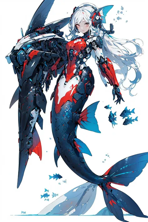 1girl,mecha,Fish ears, <lora:fish_ears_20230630143856-000018:0.8>,full body, mermaid, Mecha, (Mechanical fish tail), (Human arm: 1.2),simple background, red color,mecha,, (masterpiece, best quality, high quality, highres, ultra-detailed),
