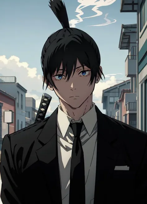 csm anime style, 1boy, male focus, hayakawa aki, ((topknot)), expressionless, ((black hair:1.5)), looking_at_viewer, ((upper body)), (side eye), ((smoking)), (((view from under))), katana on back, solo, formal, jacket, collared shirt, black necktie, black pants, blue eyes, street, dynamic angle, ((bored:1.333)), ((masterpiece)), <lora:csm_hayakawa-14:1>, <lora:csm_anime_style_offset:1>