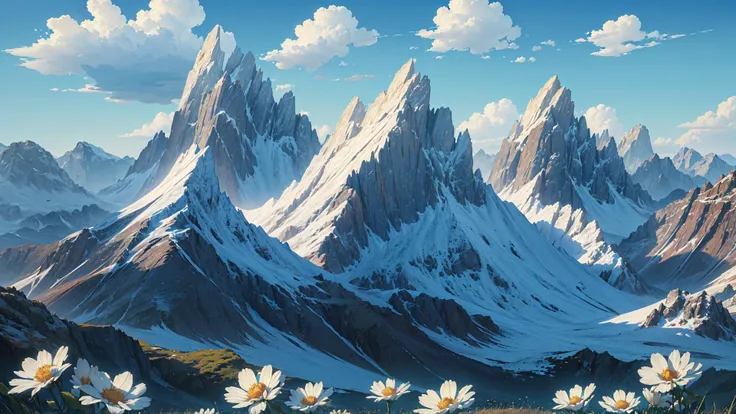 no humans, no human, (masterpiece,best quality:1.3),(ultra-detailed,8k,3d,illustration, Cinematic Lighting,realistic,:1.2),beautiful lighting, outdoors, sky, cloud, scenery, flower, mountain, day, blue sky, field, cloudy sky, mountainous horizon, colorful,