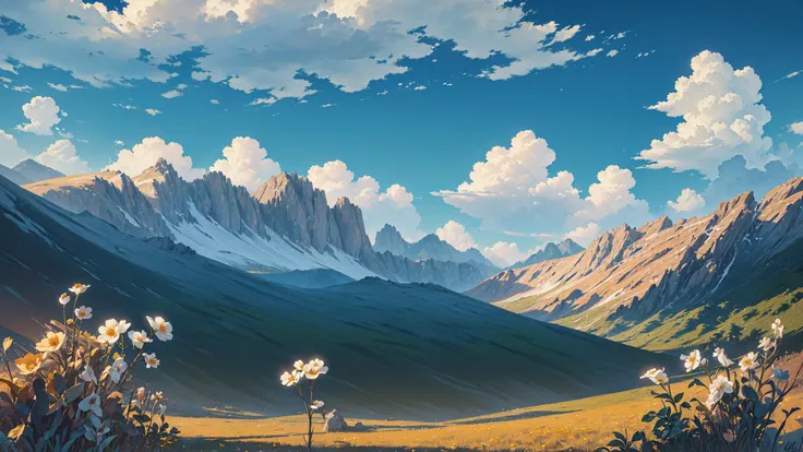 no humans, no human, (masterpiece,best quality:1.3),(ultra-detailed,8k,3d,illustration, Cinematic Lighting,realistic,:1.2),beautiful lighting, outdoors, sky, cloud, scenery, flower, mountain, day, blue sky, field, cloudy sky, mountainous horizon, colorful,