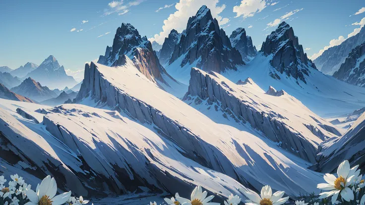 no humans, no human, (masterpiece,best quality:1.3),(ultra-detailed,8k,3d,illustration, Cinematic Lighting,realistic,:1.2),beautiful lighting, outdoors, sky, cloud, scenery, flower, mountain, day, blue sky, field, cloudy sky, mountainous horizon, colorful,