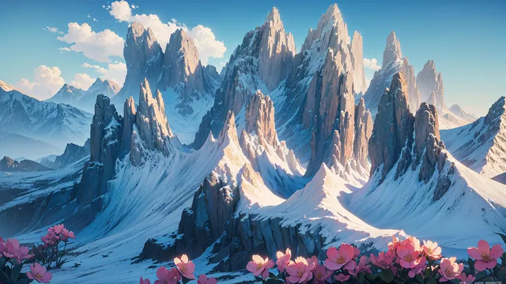 no humans, no human, (masterpiece,best quality:1.3),(ultra-detailed,8k,3d,illustration, Cinematic Lighting,realistic,:1.2),beautiful lighting, outdoors, sky, cloud, scenery, flower, mountain, day, blue sky, field, cloudy sky, mountainous horizon, colorful,