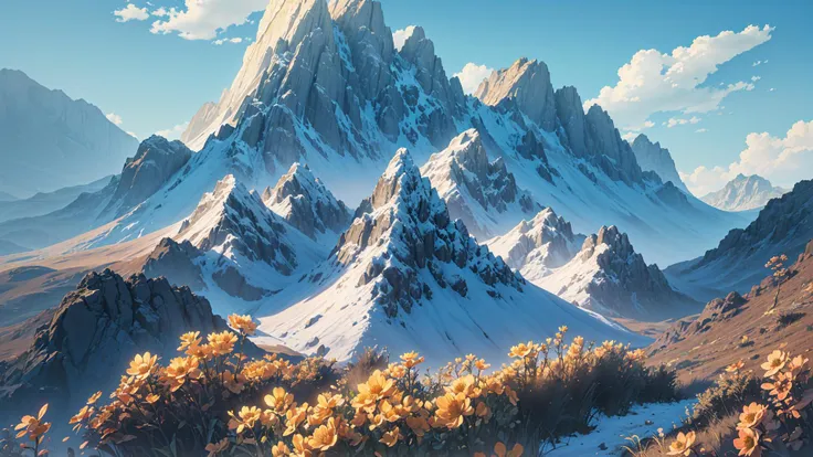 no humans, no human, (masterpiece,best quality:1.3),(ultra-detailed,8k,3d,illustration, Cinematic Lighting,realistic,:1.2),beautiful lighting, outdoors, sky, cloud, scenery, flower, mountain, day, blue sky, field, cloudy sky, mountainous horizon, colorful,