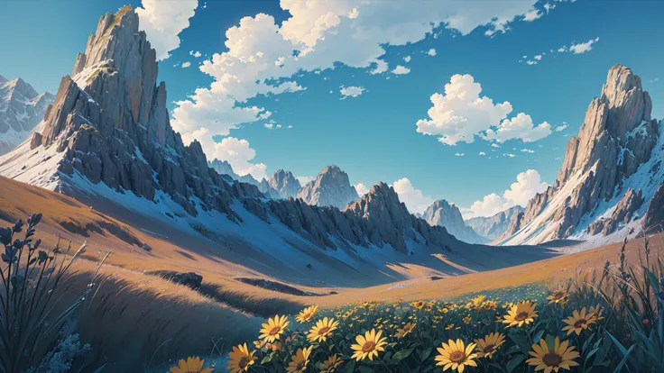 no humans, no human, (masterpiece,best quality:1.3),(ultra-detailed,8k,3d,illustration, Cinematic Lighting,realistic,:1.2),beautiful lighting, outdoors, sky, cloud, scenery, flower, mountain, day, blue sky, field, cloudy sky, mountainous horizon, colorful,