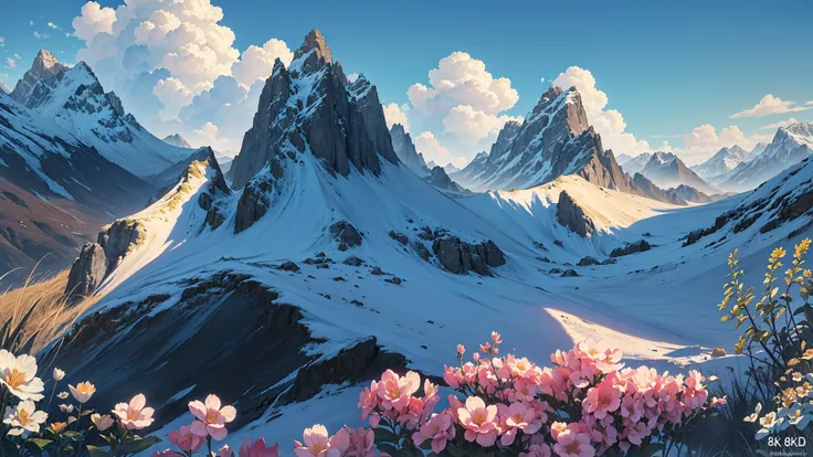 no humans, no human, (masterpiece,best quality:1.3),(ultra-detailed,8k,3d,illustration, Cinematic Lighting,realistic,:1.2),beautiful lighting, outdoors, sky, cloud, scenery, flower, mountain, day, blue sky, field, cloudy sky, mountainous horizon, colorful,