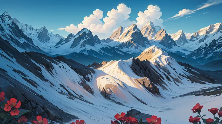 no humans, no human, (masterpiece,best quality:1.3),(ultra-detailed,8k,3d,illustration, Cinematic Lighting,realistic,:1.2),beautiful lighting, outdoors, sky, cloud, scenery, flower, mountain, day, blue sky, field, cloudy sky, mountainous horizon, colorful,