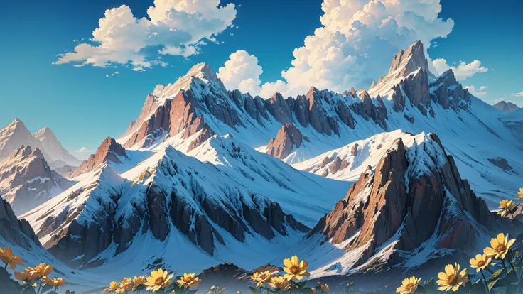 no humans, no human, (masterpiece,best quality:1.3),(ultra-detailed,8k,3d,illustration, Cinematic Lighting,realistic,:1.2),beautiful lighting, outdoors, sky, cloud, scenery, flower, mountain, day, blue sky, field, cloudy sky, mountainous horizon, colorful,