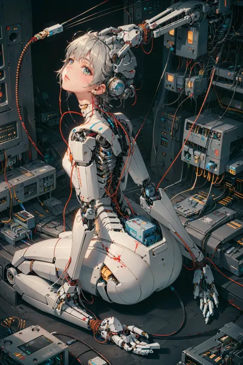 (((masterpiece))), (((best quality))), ((ultra-detailed)), (highly detailed CG illustration), ((an extremely delicate and beautiful)),(cute delicate face),cinematic light,((1mechanical girl)),solo,full body,(machine made joints:1.4),((machanical limbs)),(explosed muscles),(blood vessels connected to tubes),(a brain in container:1.3),((mechanical vertebra attaching to back)),((mechanical cervial attaching to neck)),((sitting)),expressionless,(wires and cables attaching to head and body:1.5),small breasts,short hair,(character focus),science fiction