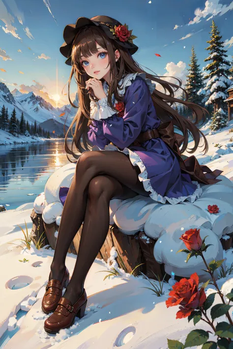 masterpiece, best quality, winter, snow field,
1girl, bangs, blue eyes, blunt bangs, bonnet, brown footwear, brown hair, dress, frills, fruit, full body, hat, long hair, long sleeves, looking at viewer, pantyhose, purple dress, red flower, red rose, rose, shoes, sitting, solo,
sky, sun, mountain, forest, lake,