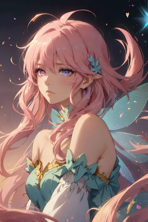 With pink hair and rainbow eyes,beautiful as a fairy,A melancholy expression that stirs affection,side face,floating hair,light particles,glare,vivid,fancy,dreamlike,a dim atomshpere,