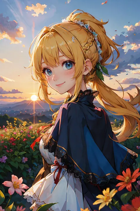 best quality, masterpiece, extremely detailed, detailed background, 1girl, solo, yellow hair, blue eyes, braid, long hair, wavy hair, fluffy hair, ponytail, french braid, blush, smile, capelet, lace trim, bodice, sunset, dusk, scenery, high place, horizon, wind, wind blow, flowerbed, looking at viewer, depth of field, bokeh