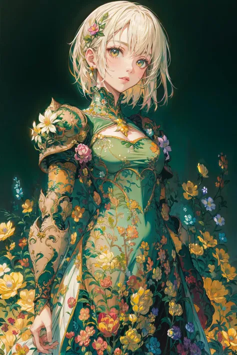 woman, flower dress, colorful, darl background,flower armor,green theme,<lora:Iridescence:0.75>, <lora:add_detail:1>