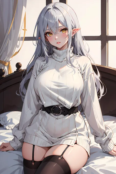 (masterpiece, Highest Quality, Best Shadows, highres), solo, extremely delicate and beautiful, pointy ears, cute young girl, beautiful lady, (beautiful detailed face, beautiful deep yellow eyes), eyelashes, long silver hair, hair between eyes, voluminous hair, messy hair, beautiful lips, huge breats, narrow waist, thick thighs, blush,
(black thighhighs, white sweater), long sleeves, turtleneck, sitting, on bed,
cowboy shot, looking at viewer,