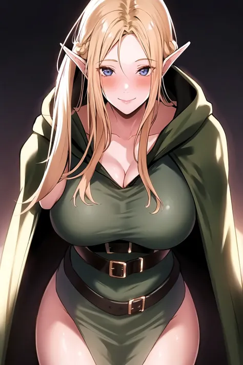 1girl, belt, blonde hair, blue eyes, blush, cloak, dress, elf, ero404, gloves, hood, large breasts, long hair, looking at viewer, pointy ears, smile, solo,(masterpiece),(best quality)