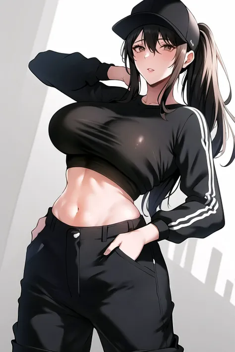 1girl, adjusting headwear, bangs, baseball cap, black hair, black headwear, black pants, black shirt, brown eyes, cowboy shot, crop top, ero404, hair between eyes, hand in pocket, hand on headwear, hat, huge breasts, long hair, long sleeves, looking at viewer, midriff, navel, pants, parted lips, ponytail, shirt, sidelocks, solo, stomach, white background,(masterpiece),(best quality)