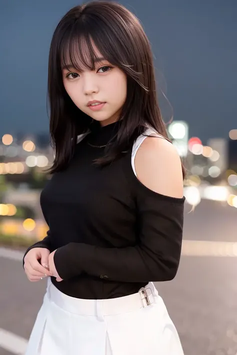 (skin blemish:1.2), (), black eye, 1woman, 25yo, (((woman))), solo, realistic, best quality, photorealistic, masterpiece, 8k, high res, solo, extremely detailed face, (professional lighting, bokeh), (light particles, lens flare, glowing particles:0.6), (dynamic pose:1.2), soft lighting, top angle view, fashionable and trendy atmosphere, japan, street, tokyo, city, ((nighttime)), sky, ((looking at the viewer:1)), (looking at the camera),(portrait:0.6), cowboy shot, gorgeous, standing, keep original facial proportion, wide shoulder, full body, (small ), (medium hair), brown hair, floating hair, lips, lipstick,  smile, floating hair, smile, open_mouth, teeth, (sleeves less white blouse), (jumper skirt), eyelashes, mole, (mole under eye:1),    <lora:oharaYV2:0.8>