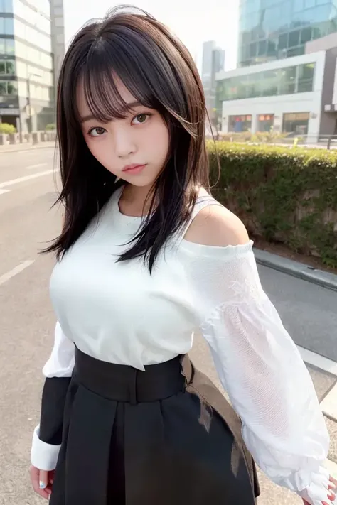(skin blemish:1.2), (skindentation), black eye, 1woman, 25yo, (((woman))), solo, realistic, best quality, photorealistic, masterpiece, 8k, high res, solo, extremely detailed face, (professional lighting, bokeh), (light particles, lens flare, glowing particles:0.6), (dynamic pose:1.2), soft lighting, top angle view, fashionable and trendy atmosphere, japan, street, tokyo, city, ((nighttime)), sky, ((looking at the viewer:1)), (looking at the camera),(portrait:0.6), cowboy shot, gorgeous, standing, keep original facial proportion, wide shoulder, full body, (small breast), (medium hair), brown hair, floating hair, lips, lipstick, seductive smile, floating hair, smile, open_mouth, teeth, (sleeves less white blouse), (jumper skirt), eyelashes, mole, (mole under eye:1), <lora:oharaYV2:0.8>