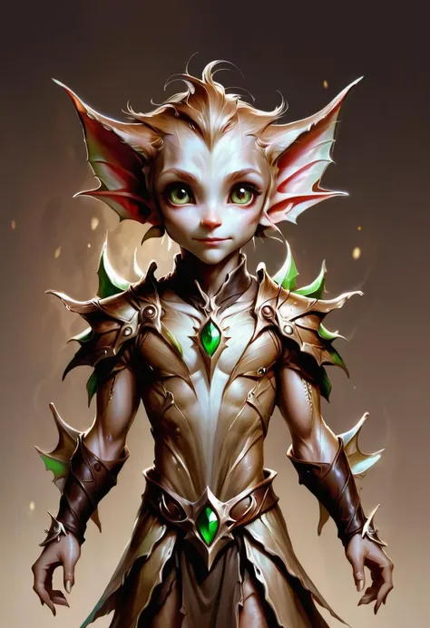hyper detailed masterpiece, dynamic, awesome quality, cute strom elf, doppelganger, small humanoid being, large pointed ears, brown earth toned simple tattered clothing, subservient humble demeanor, large expressive eyes, magical, loyalty, dedication, strong sense of duty, reveiving a christmas present <lora:PAseer-SDXL-StormElf:0.85>