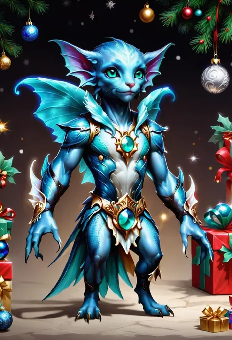 hyper detailed masterpiece, dynamic, awesome quality, cute strom elf, sphinx, small stocky, illusive cute agile timeless unaging awesome fairytale creature, reveiving a christmas present <lora:PAseer-SDXL-StormElf:1>