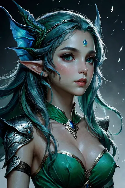 obra-prima, high resolution, 8K, sereia bonita, Pale white green skin with details of black scales, pele de sereia, Guelrras, orelhas de Guelrras branco e preto, pele brilhante, Black eyes with red iris, cabelo cor preto, ultra-high resolution, detalhes insano