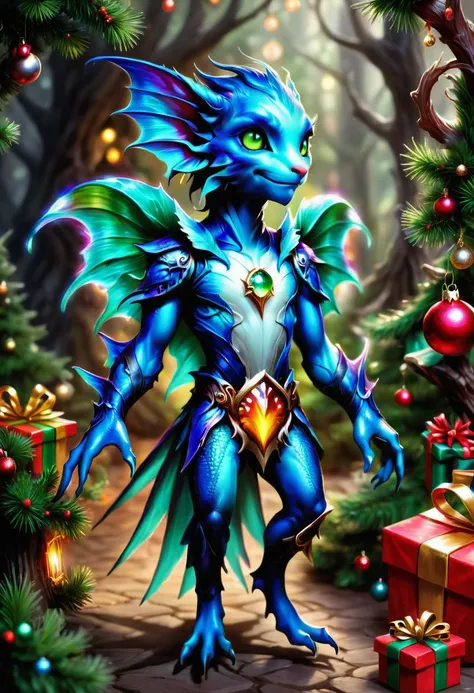 hyper detailed masterpiece, dynamic, awesome quality, cute strom elf, jabberwocky, small stocky, illusive cute agile timeless unaging awesome fairytale creature, vibrant,fervent,captivating,twinkling,empowering,spectacular,traffic,enriching, reveiving a christmas present <lora:PAseer-SDXL-StormElf:1>