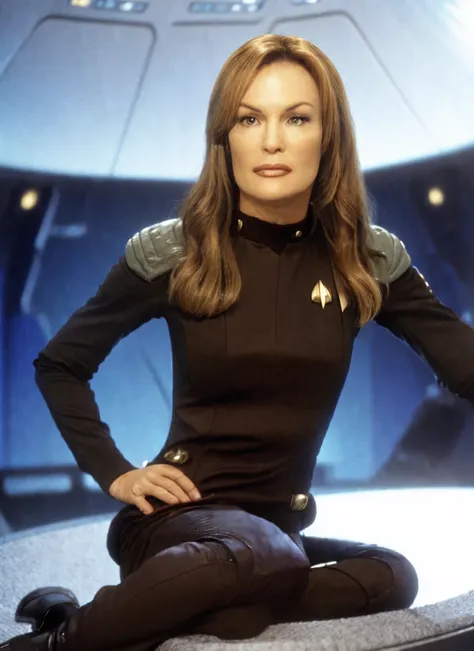 close up photo of (JoleneBlalock15:1.0) (strtrk uniform:1.2) (masterpiece) (best quality) (detailed) (8k) (wallpaper) (cinematic lighting) (sharp focus) (intricate) <lora:joleneBlalock_joleneBlalockV11:0.9> <lora:startrek_uniform_lora_5000:1.25>
epic star trek scenery background, space ship interior,
(sitting in the captain chair on the spaceship),
epic character composition in star trek world,
sharp focus, natural lighting, subsurface scattering, f2, 35mm