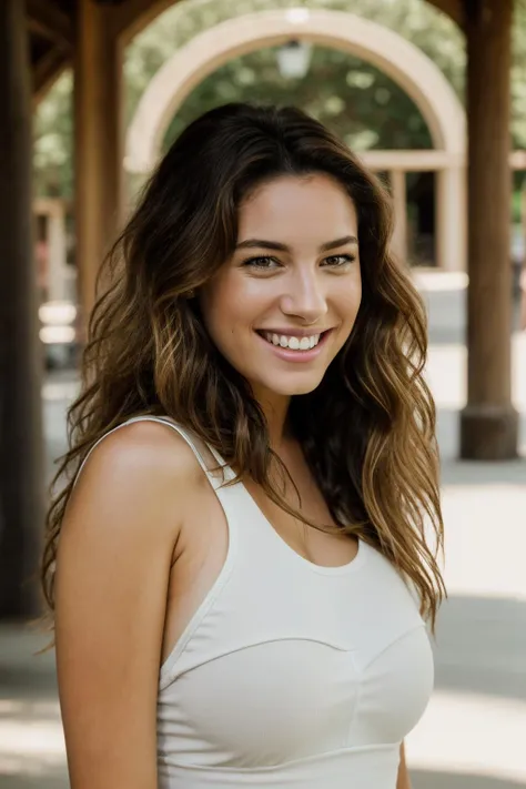 <lora:k3llybr00k:1>, Realistic full body photo of a beautiful k3llybr00k woman, 1girl, solo, long hair, breasts, smile, blonde hair, shirt, brown eyes, medium breasts, white shirt, upper body, outdoors, teeth, grin, blurry, lips, looking to the side, blurry background, tank top, realistic, soft lighting, professional Photography, Photorealistic, detailed, RAW, analog, sharp focus, 8k, HD, DSLR, high quality, Fujifilm XT3, film grain, award winning, masterpiece