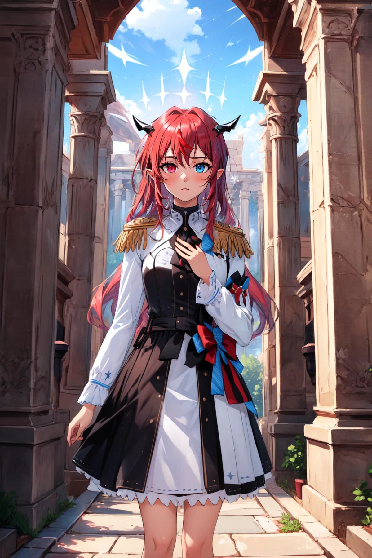 (masterpiece, best quality), intricate details,
1girl, <lora:IrysHololive:0.8> IrysHolo, heterochromia, long hair, halo, red hair,
<lora:edgElegant:1> edgElegant, epaulettes, wearing edgElegant, roman temple, marble pillars, columns,